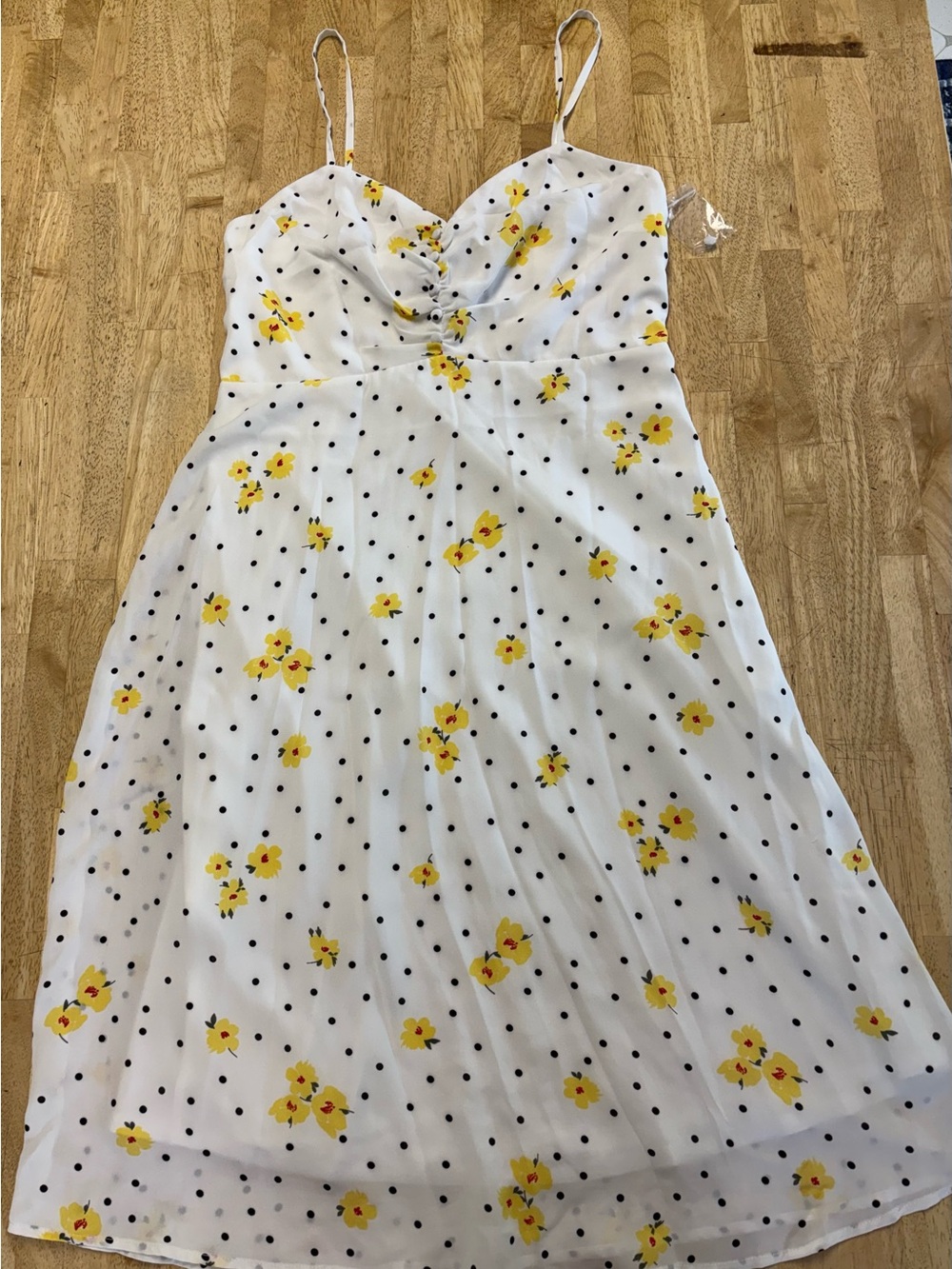 JustFab White Midi Dress with Yellow Floral & Black Polka Dots